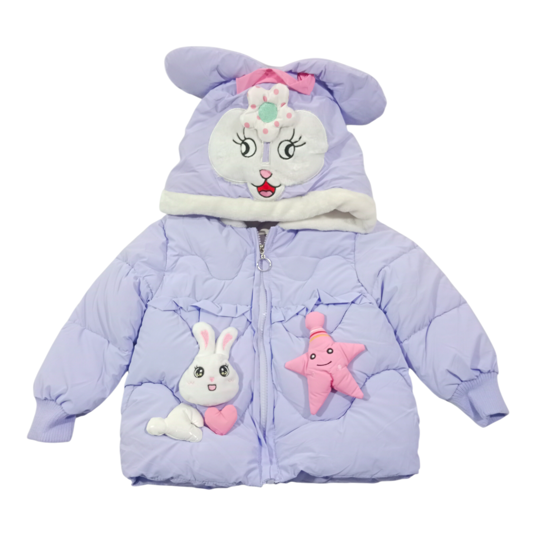 Winter Cotton-Padded Purple Jacket Cute Cartoon Pattern Bunny Ears Fur