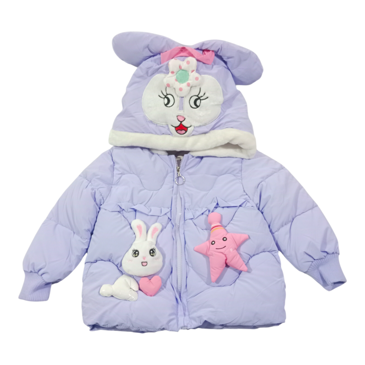 Winter Cotton-Padded Purple Jacket Cute Cartoon Pattern Bunny Ears Furry