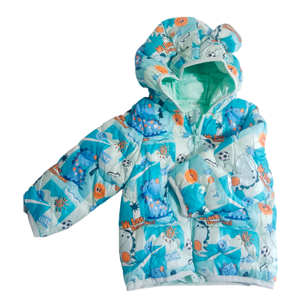 Soccer Dino Print Sea Green warm Puffer Jacket