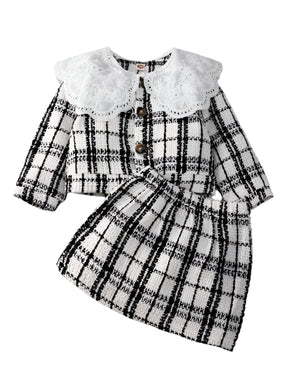 Baby Girls Lace Collar Plaid Skirt Set Knitted Long Sleeve Set