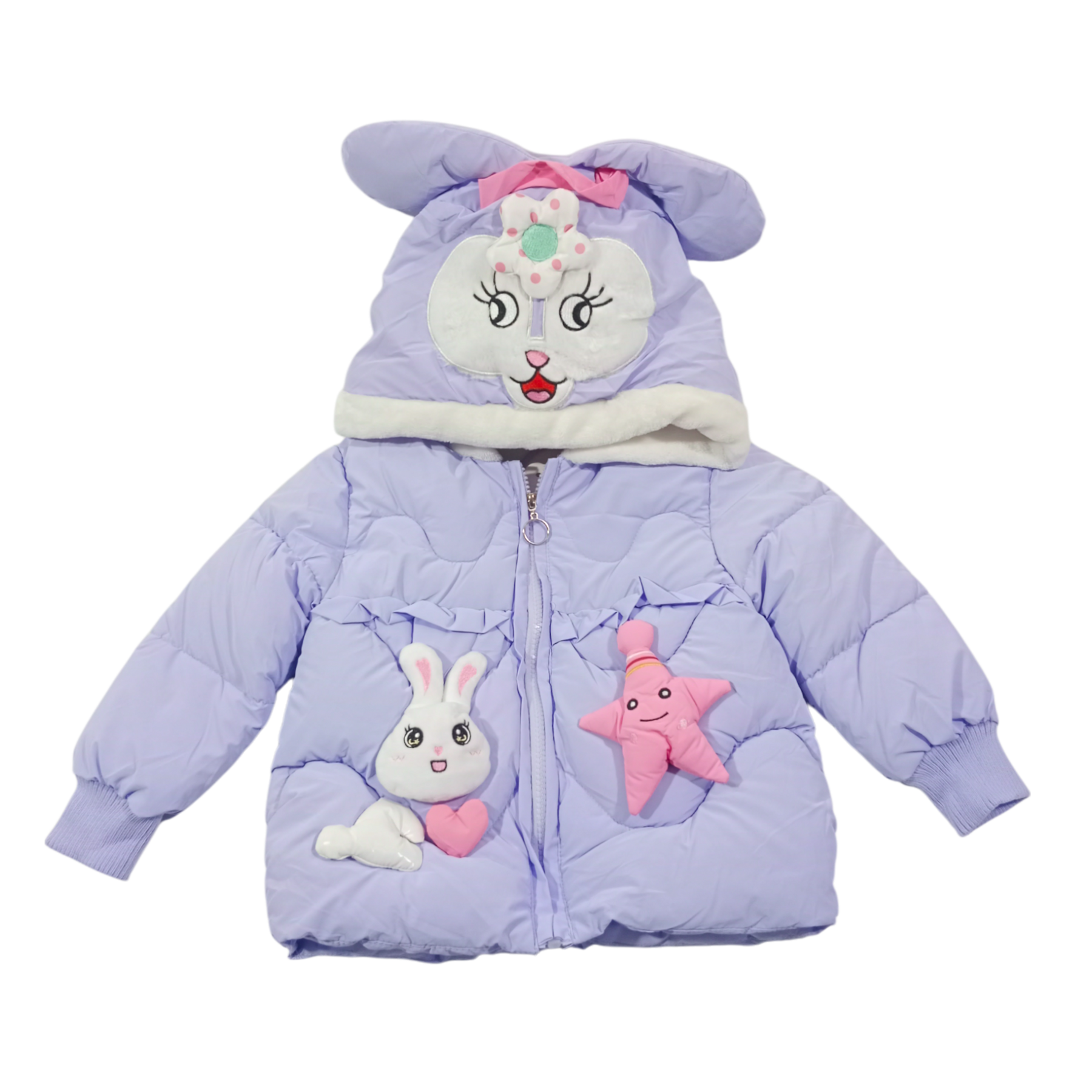 Winter Cotton-Padded Purple Jacket Cute Cartoon Pattern Bunny Ears Furry