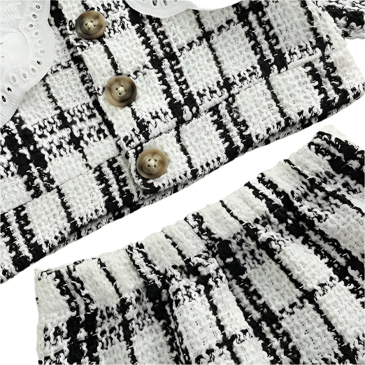 Baby Girls Lace Collar Plaid Skirt Set Knitted Long Sleeve Set