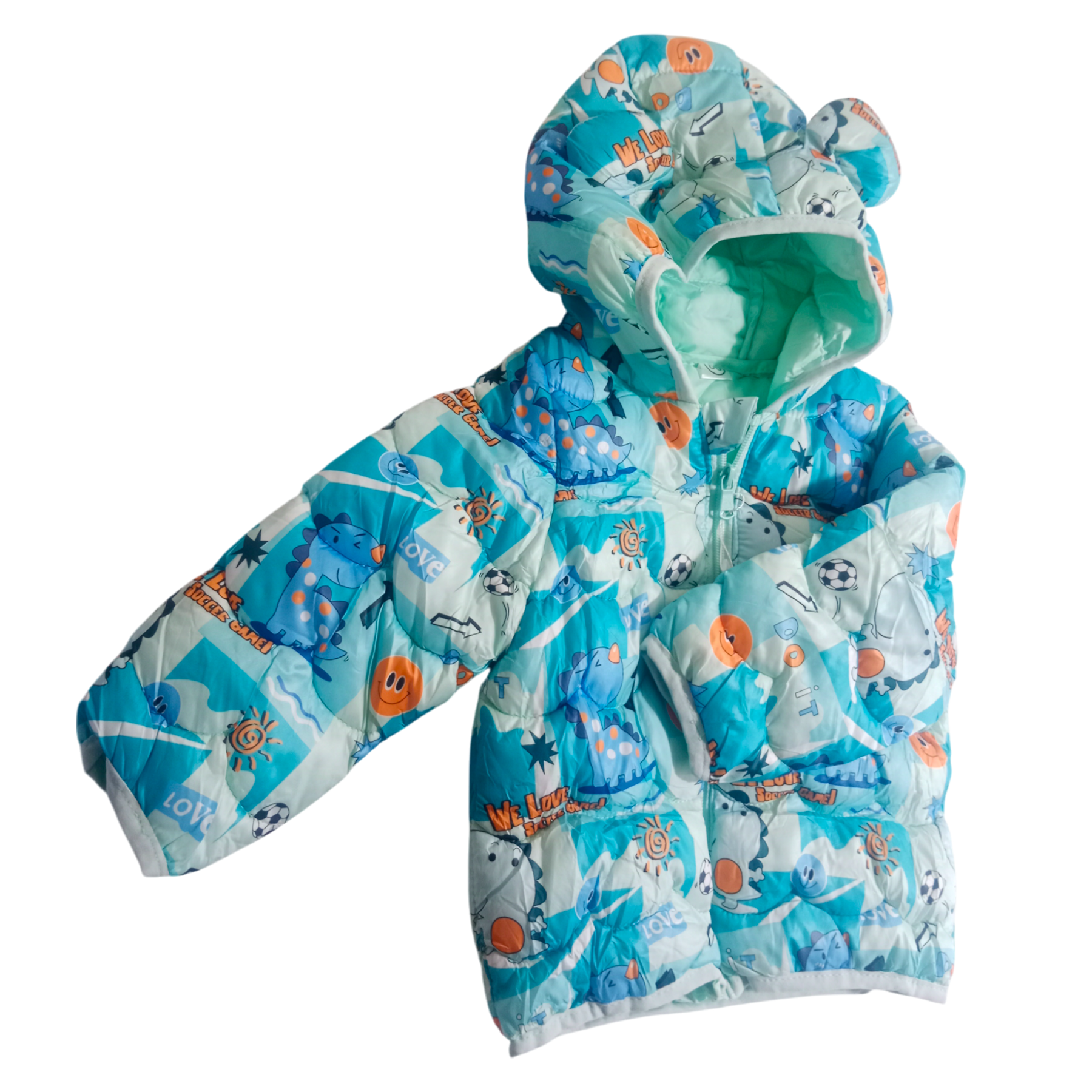 Soccer Dino Print Sea Green warm Puffer Jacket
