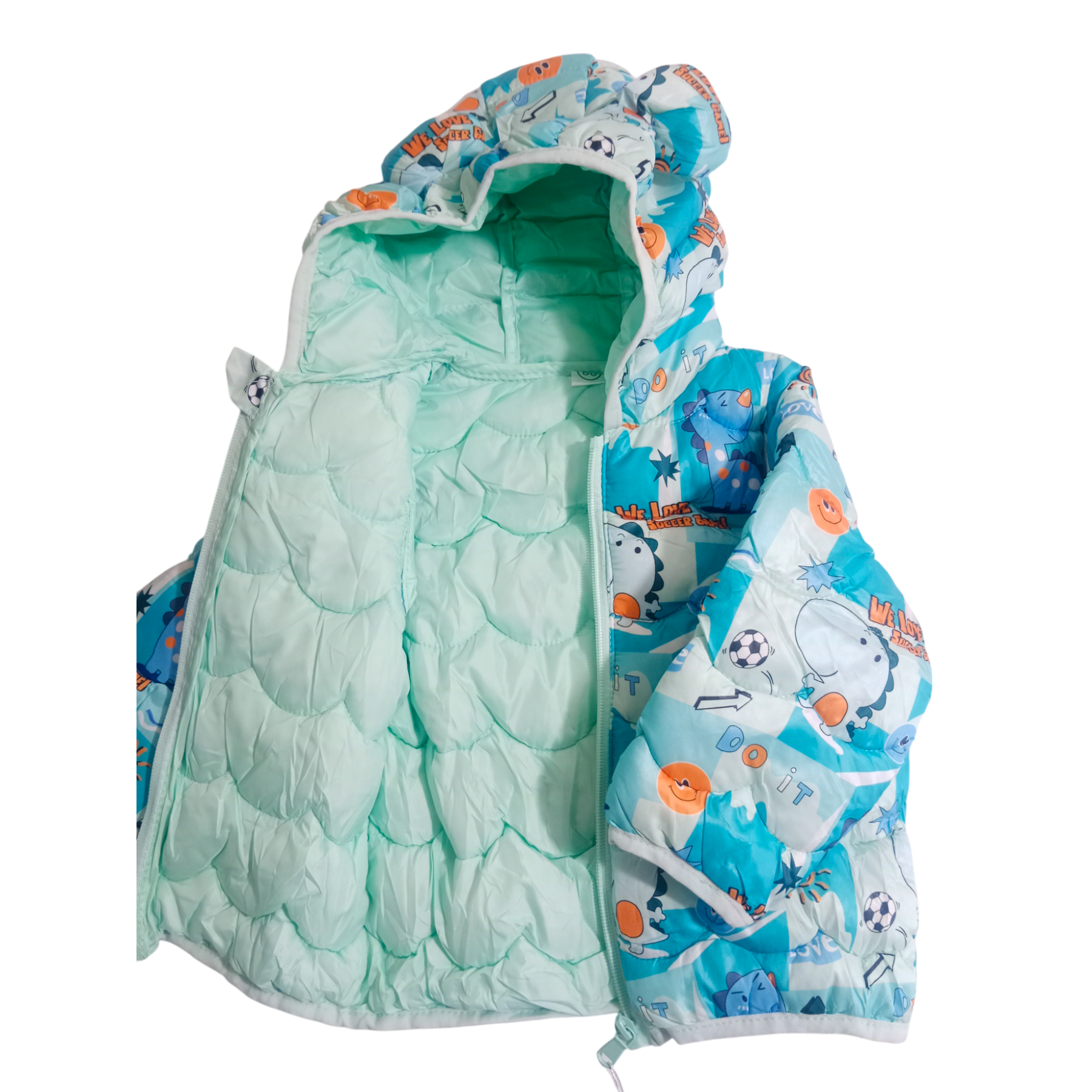 Soccer Dino Print Sea Green warm Puffer Jacket