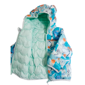 Soccer Dino Print Sea Green warm Puffer Jacket