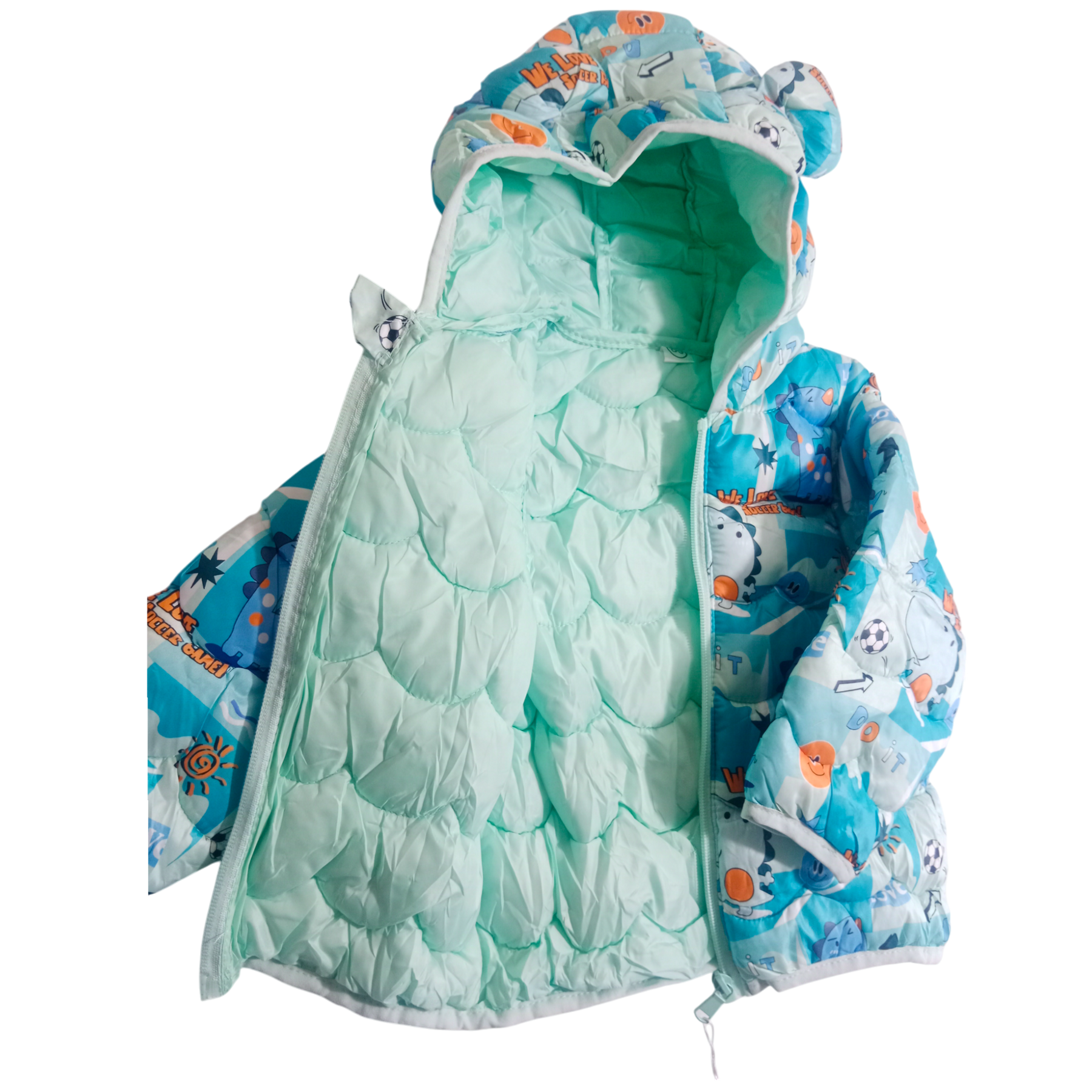 Soccer Dino Print Sea Green warm Puffer Jacket