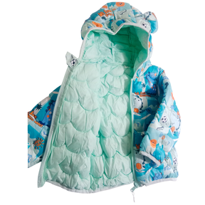 Soccer Dino Print Sea Green warm Puffer Jacket