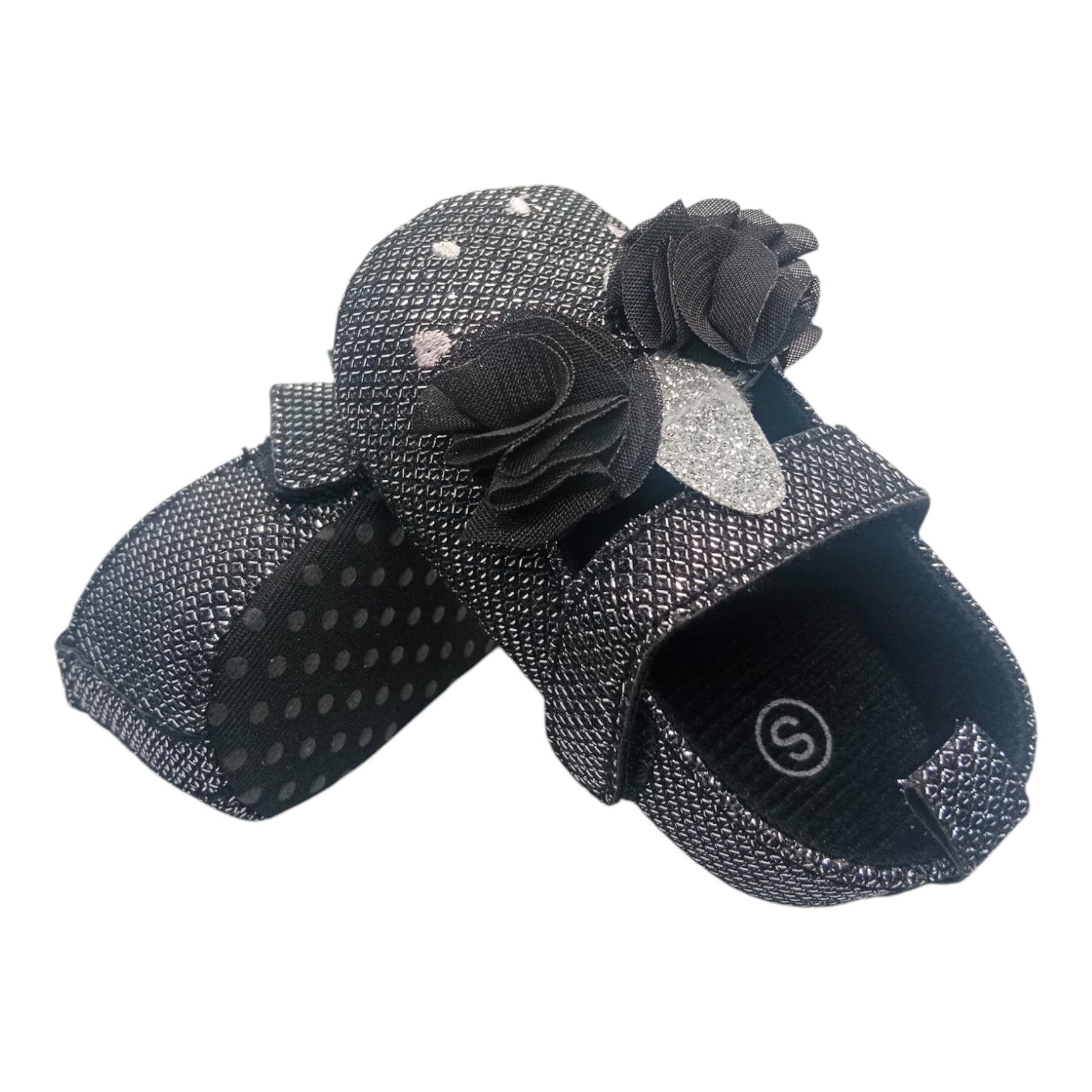 Shimmery Black & Pink Heart With Bow Baby Girl Shoes