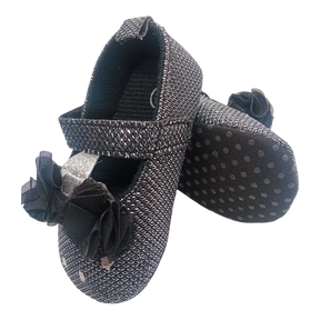 Shimmery Black & Pink Heart With Bow Baby Girl Shoes