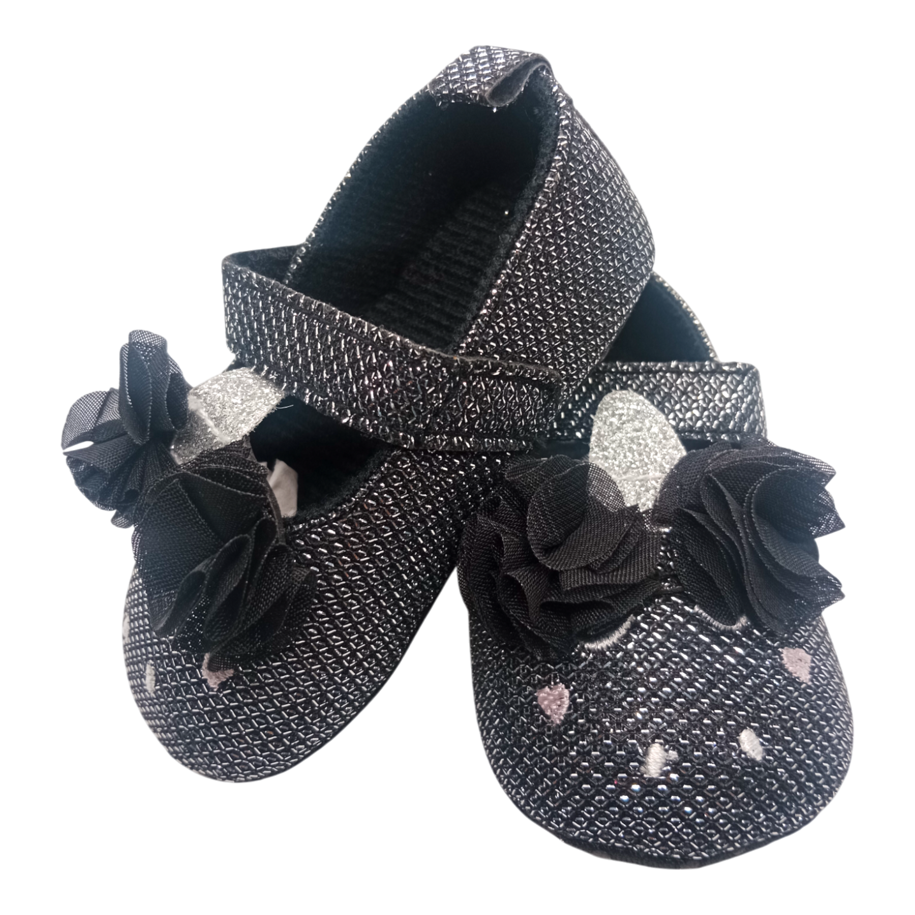 Shimmery Black & Pink Heart With Bow Baby Girl Shoes
