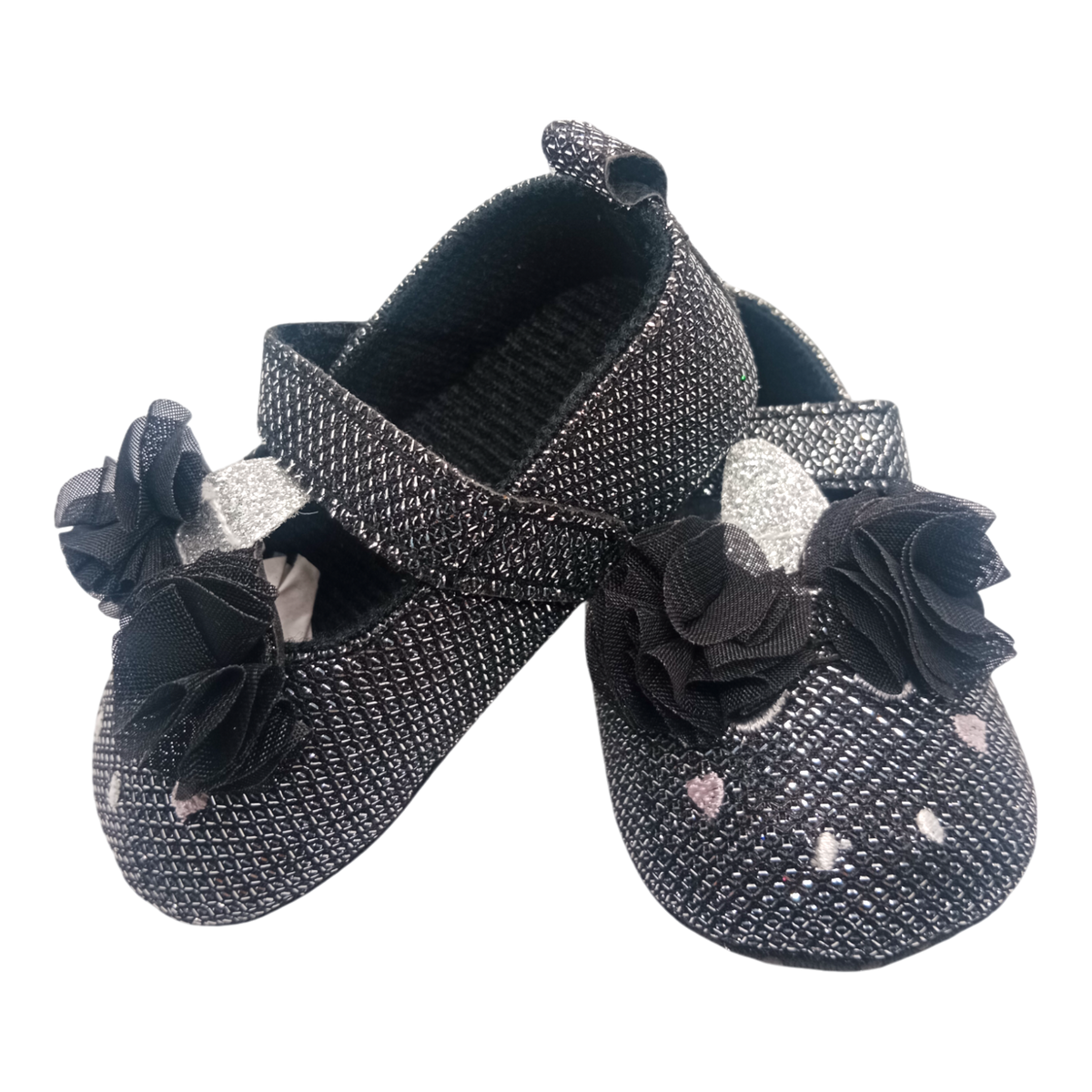 Shimmery Black & Pink Heart With Bow Baby Girl Shoes
