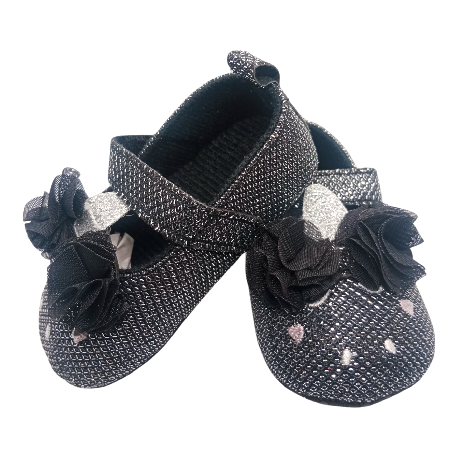 Shimmery Black & Pink Heart With Bow Baby Girl Shoes