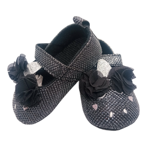 Shimmery Black & Pink Heart With Bow Baby Girl Shoes
