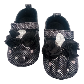 Shimmery Black & Pink Heart With Bow Baby Girl Shoes