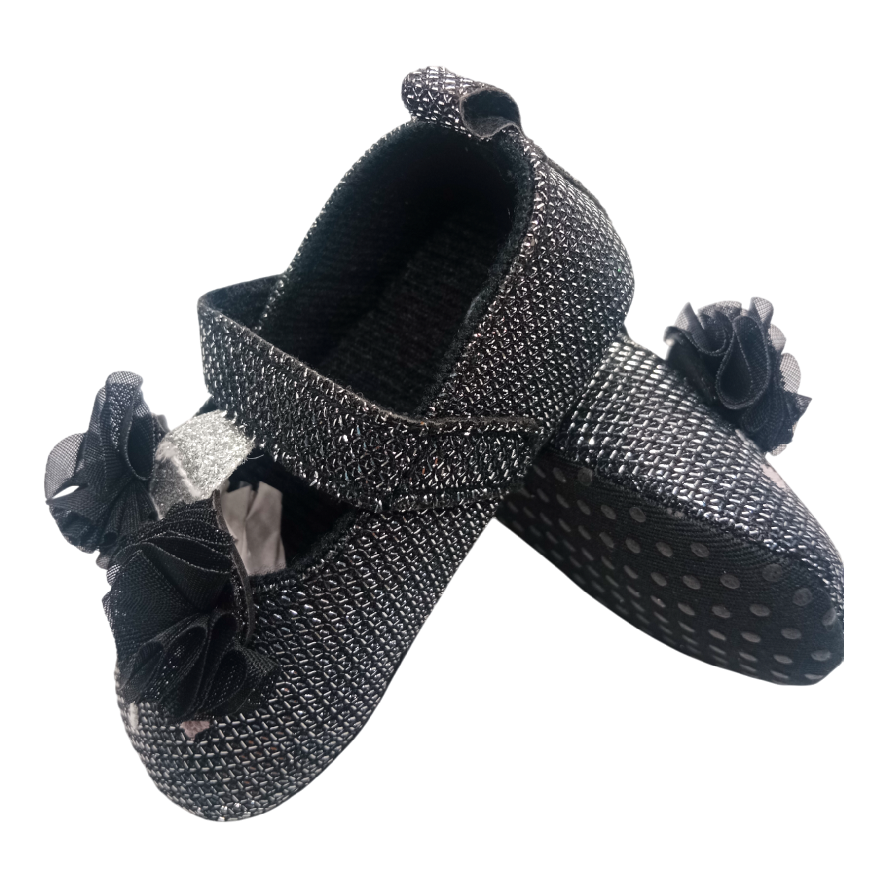 Shimmery Black & Pink Heart With Bow Baby Girl Shoes