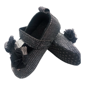 Shimmery Black & Pink Heart With Bow Baby Girl Shoes