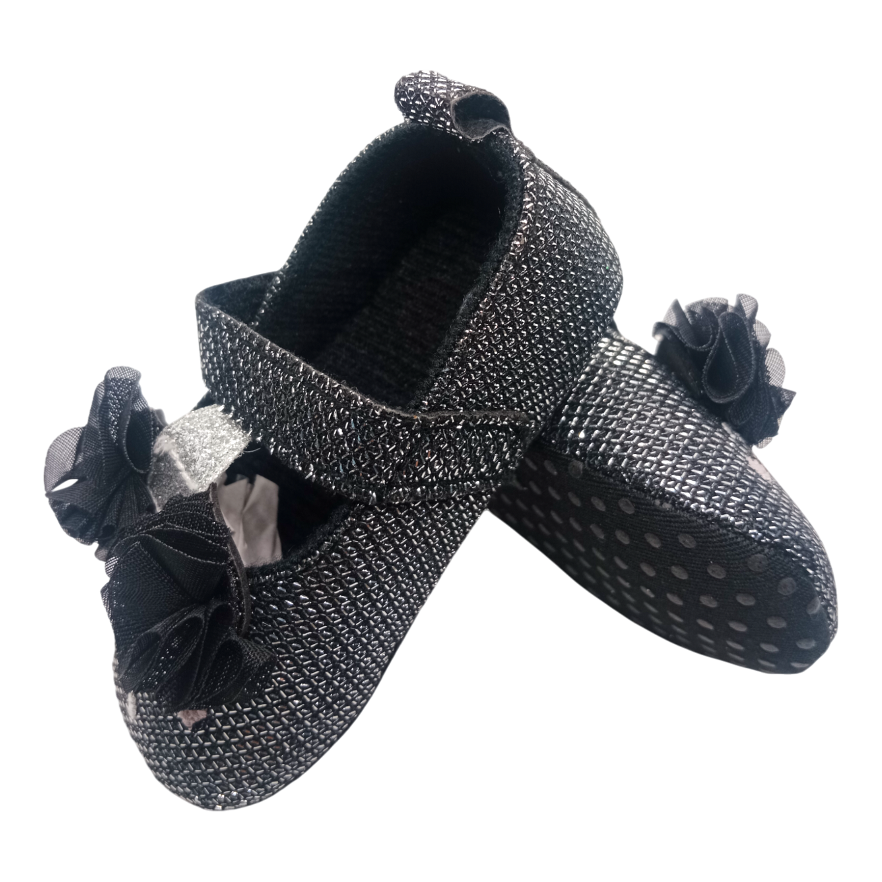 Shimmery Black & Pink Heart With Bow Baby Girl Shoes